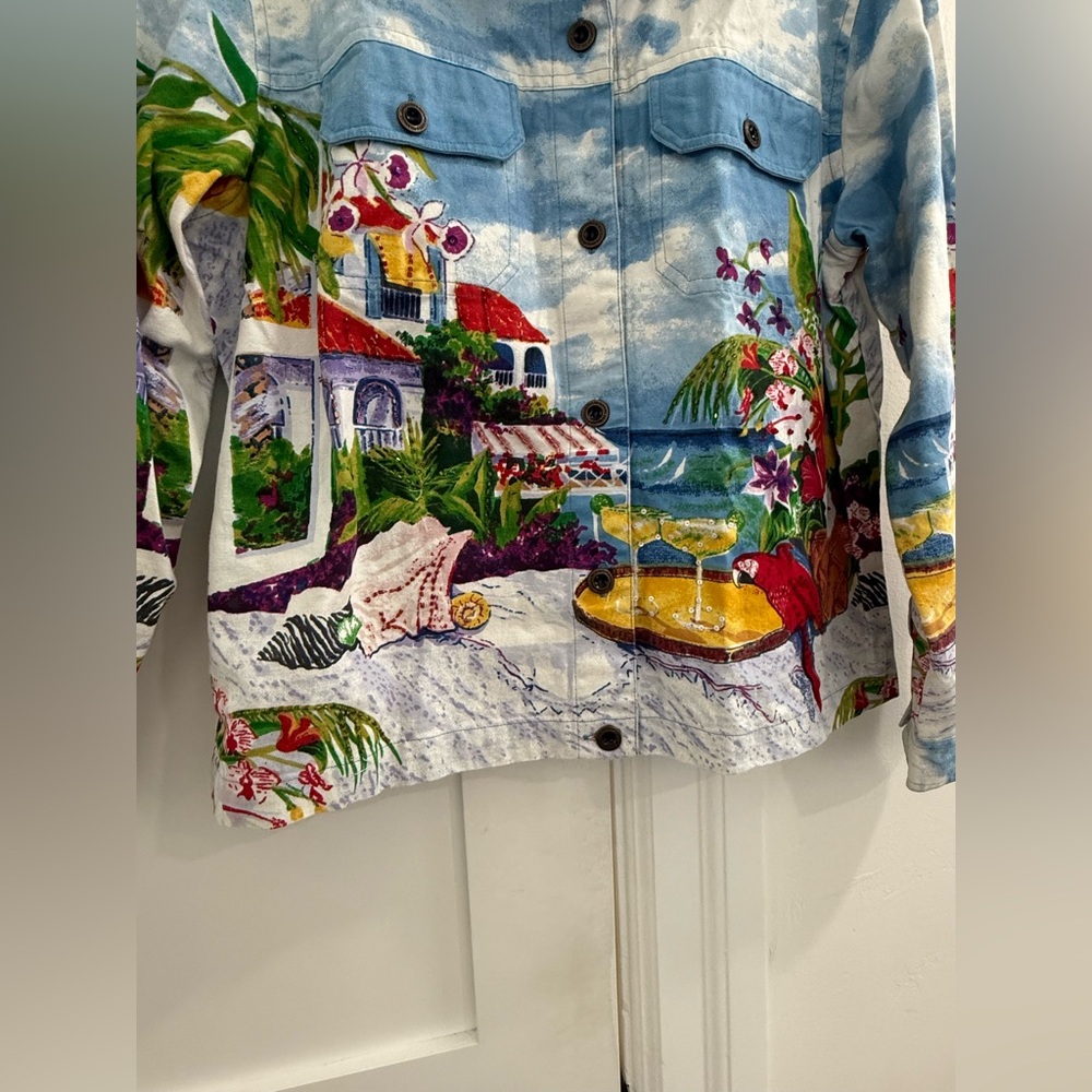 Flamingo Road multicolored tropical vacation lightweight denim Jean jacket - Picture 16 of 16